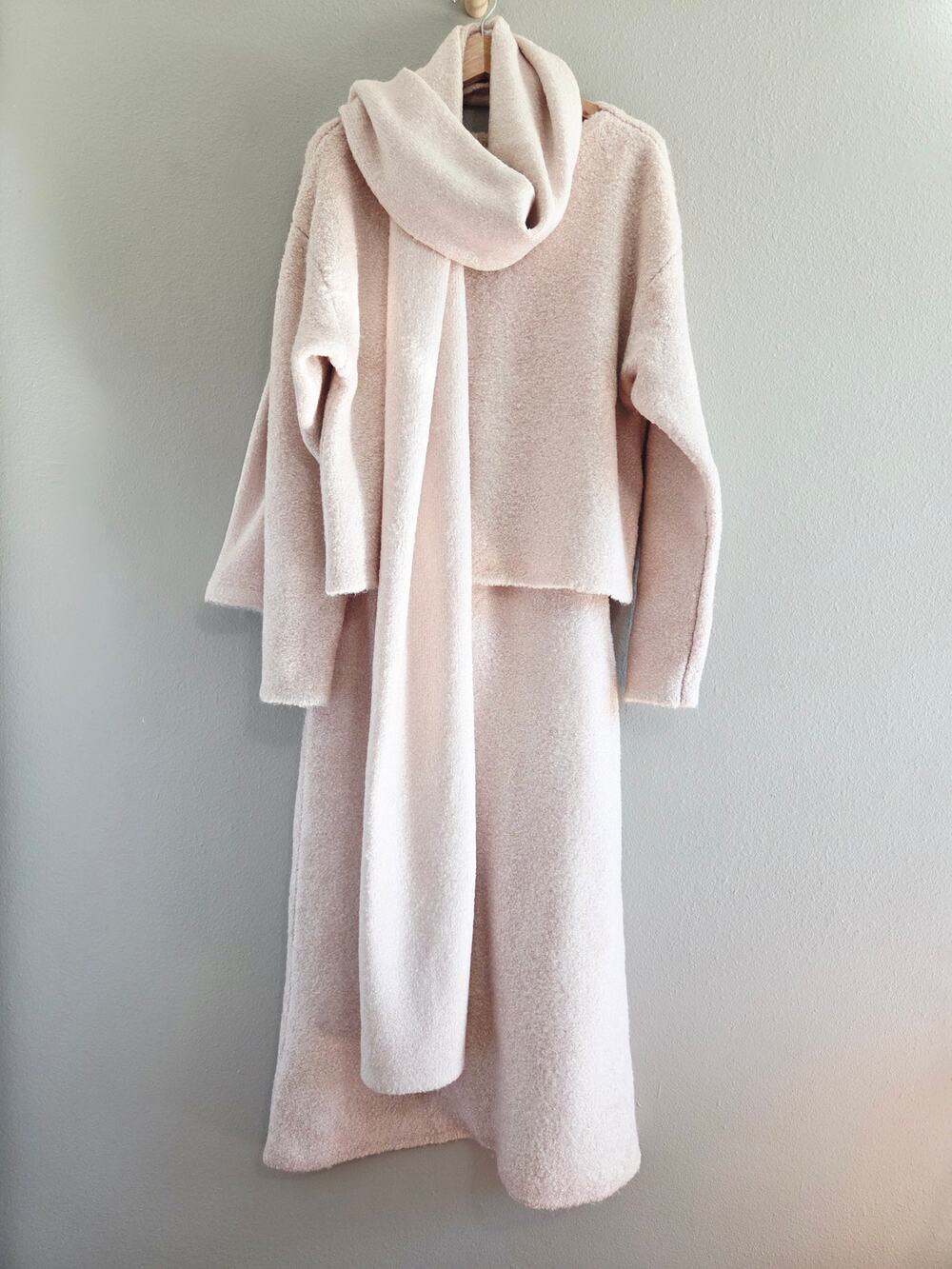 ELENAREVA 3-Piece Wool Blend Knit Set Sweater Top, Maxi Skirt, Scarf Blush Pink